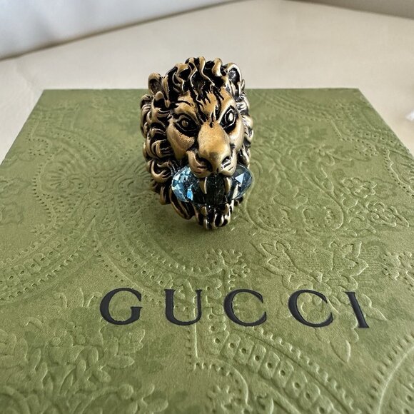 NEW Gucci Lion Head Gold Ring Blue Aquamarine Stone Size 23 IT 10.5 US - Picture 3 of 10